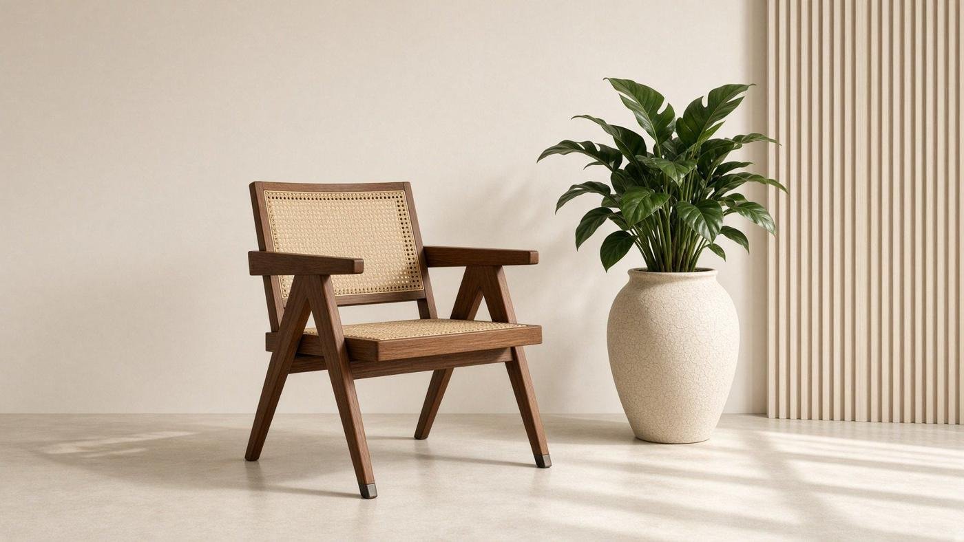 Teak and cane lounge chair beside a potted plant
